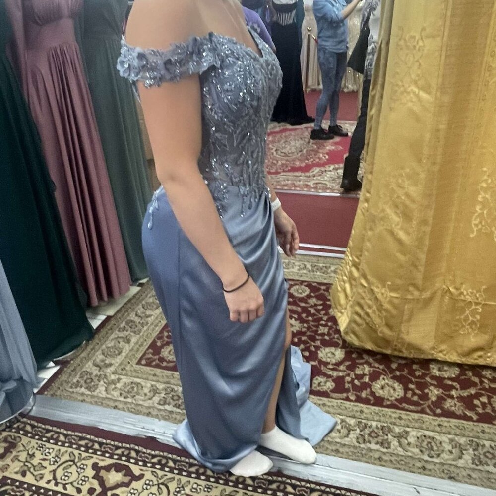 Ladivine CD0186 - Floral Off The Shoulder Prom Dress. Smokey Blue